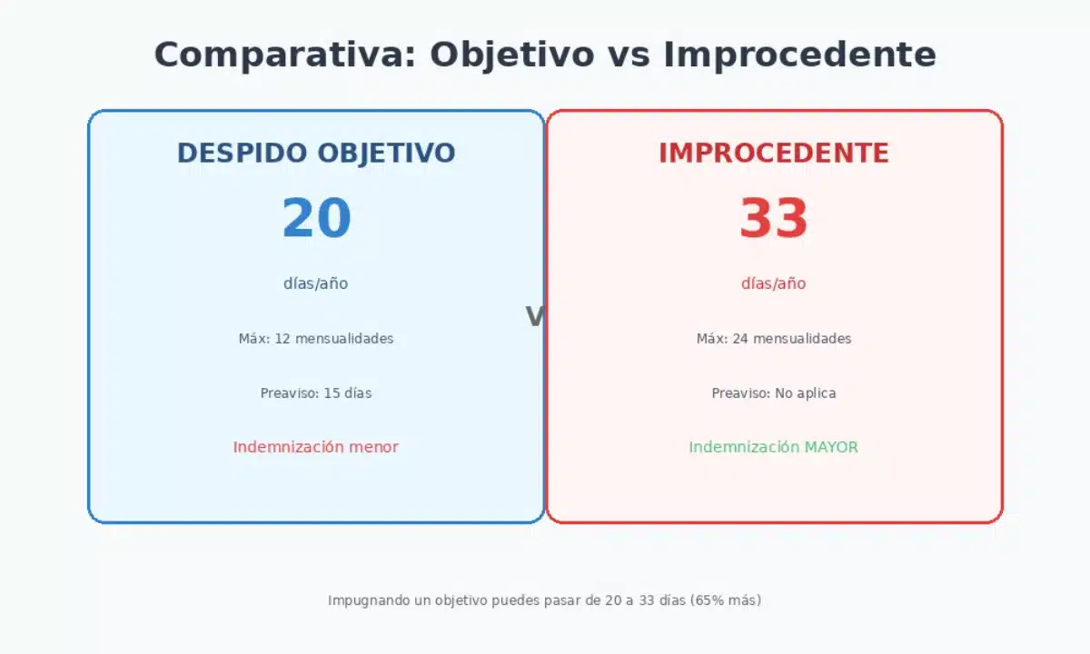 Comparativa visual: indemnización despido objetivo 20 días vs improcedente 33 días